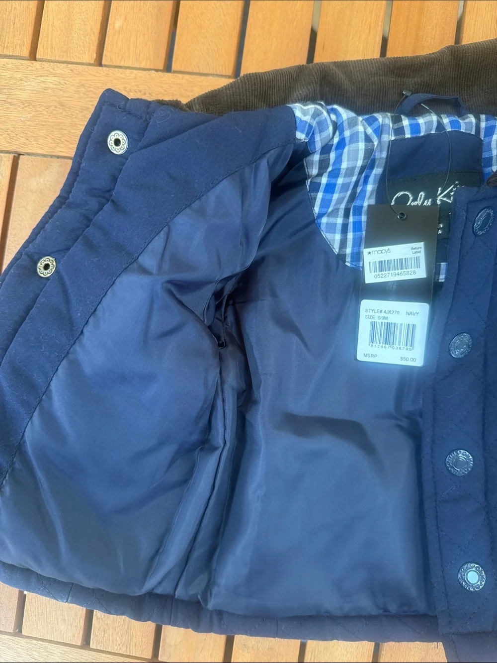Kids Quilted Navy Blue Jacket with Corduroy Collar